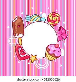 Kawaii heart frame with sweets and candies. Crazy sweet-stuff in cartoon style.