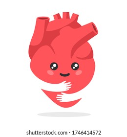 Kawaii heart loving self cartoon. Cheerful red heart joyfully hugs himself with his hands celebration love healthy life well functioning organ romantic fun vector lifestyle.