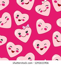 Kawaii heart seamless pattern. Valentine ’s Day vector background. Wrapper design.