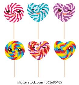 Kawaii Heart shaped candy lollipop with pink cheeks and winking eyes, colorful spiral candy cane. Candy on stick with twisted design on white background. Vector