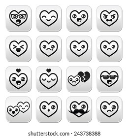 Kawaii hearts, Valentine's Day cute vector buttons set 