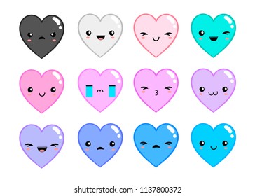 Kawaii hearts with various emotions. Colored vector set. All elements are isolated