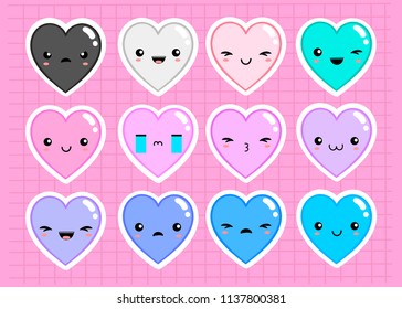 Kawaii hearts with various emotions. Colored vector sticker set. All elements are isolated