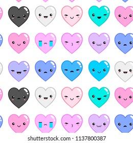 Kawaii hearts with various emotions. Colored vector seamless pattern