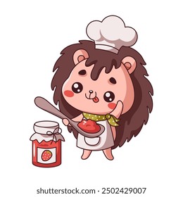 Kawaii hedgehog in chef hat eating jam flat color vector illustration. Funny forest female animal icon standing near jam jar adding delightful touch