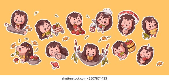 Kawaii hedgehogs lively activities flat color vector illustrations. Icon set with wild animals in entertaining situations on yellow background