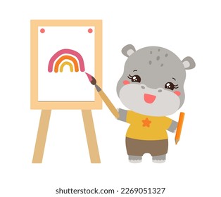 Kawaii hippopotamus. Hippo artist drawing with paint brush and easel. Art studies school subject sign. Funny student cute cartoon hippo. Kawaii animal holding brush standing by the easel and smiling.