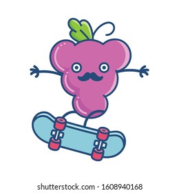 Kawaii hipster grape with mustache on skateboard illustration cartoon isolated on white