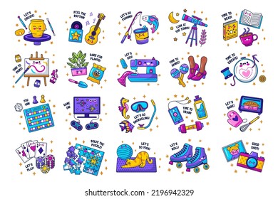 Kawaii hobbies stickers collection. Vector illustration set isolated on white background