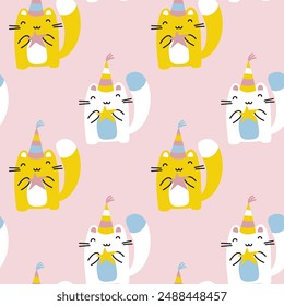 Kawaii holiday cats. Seamless pattern for babies and kids. Birthday cats in caps and stars 