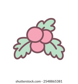 Kawaii holly icon. Hand drawn illustration of a holly leaves and red berries isolated on a white background. Cute Christmas sticker. Vector 10 EPS.