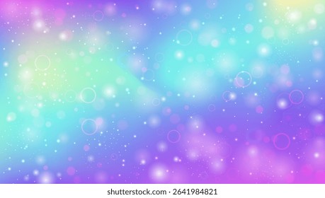 Kawaii Hologram. Pink Rainbow Gradient And Beautiful Princess Pattern. Purple Magic Background. Bright Neon Backdrop Of Galaxy, Sky, And Universe Light. Blue Kawaii Hologram.