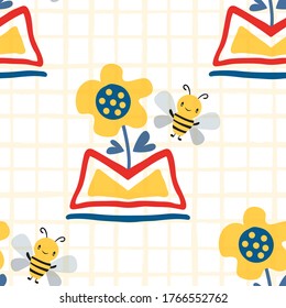 Kawaii honey bee with abstract daffodils in aztec motif vase. Seamless vector pattern background. Cute bugs and floras on yellow grunge grid backdrop. Fun all over print for summer, children products