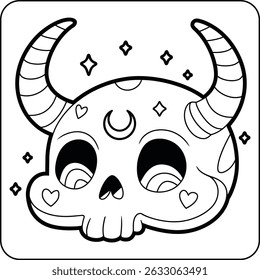 Kawaii Horned Skull with Hearts Line Art Coloring Page