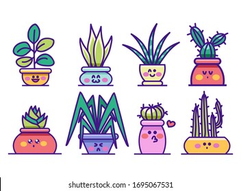 Kawaii houseplants in pots with happy faces set vector illustration. Cute succulent or cactus plant cartoon style. Colourful lovely greenery. Isolated on white