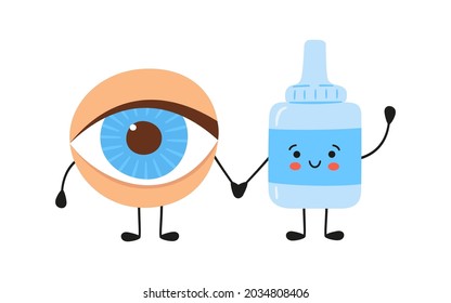 El ojo humano de Kawaii y la medicina dejan caer a los personajes. Medicina para la salud del ojo. Tratamiento de conjuntivitis y ojos secos. Ilustración vectorial aislada sobre fondo blanco con estilo dibujado a mano.