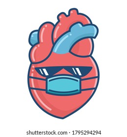 kawaii human heart wearing face mask cartoon illustration isolated on white background