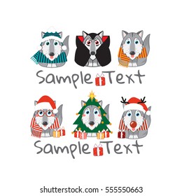 Kawaii husky, malamute, wolf with Christmas masquerade outfits. Object isolated on white background. Vector childish element for design. Cartoon art for holiday banners, logo, with place for text