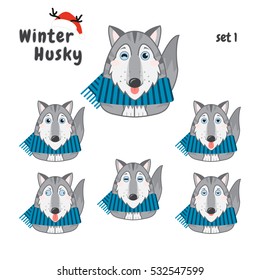 Kawaii husky, malamutes dog with funny muzzles, blue eyes and stripped scarp. Vector cartoon smiles, emoticon. Happy, sly, crazy, giggly, bored, astonished faces 