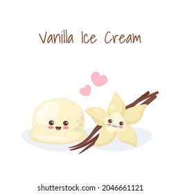 Kawaii Ice Cream ball and Vanilla flower isolated on white background. Cartoon vector illustration. Happy food for kids menu, t-shirt print, greeting card. Adorable smiling frozen vanilla flavor ice.