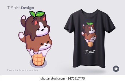 Kawaii ice cream cats. Ice Cream in form of round kittens in the waffle cone. Prints on T-shirts, sweatshirts, cases for mobile phones, souvenirs. Isolated vector illustration