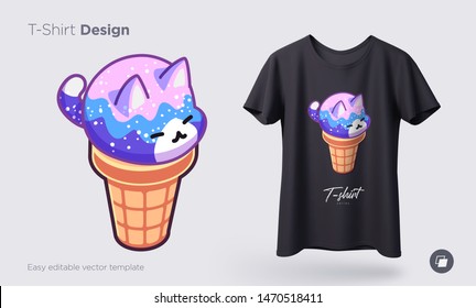 Kawaii ice cream cats. Ice Cream in form of round kittens in the waffle cone. Prints on T-shirts, sweatshirts, cases for mobile phones, souvenirs. Isolated vector illustration