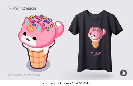 Kawaii ice cream cats. Ice Cream in form of round kittens in the waffle cone. Prints on T-shirts, sweatshirts, cases for mobile phones, souvenirs. Isolated vector illustration