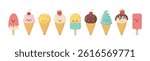 Kawaii ice cream characters set. Collection of cute funny ice cream stickers. Vector illustration