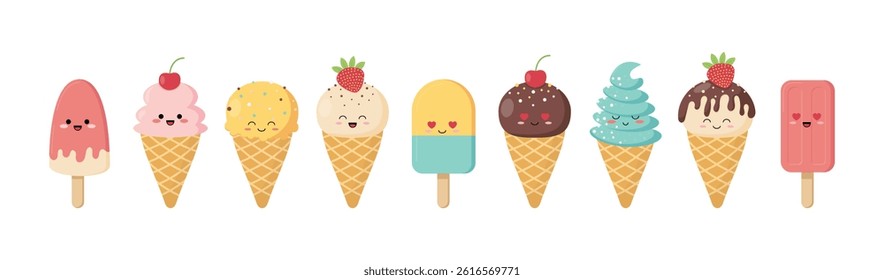 Kawaii ice cream characters set. Collection of cute funny ice cream stickers. Vector illustration