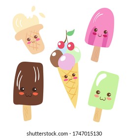 Kawaii Ice Cream characters vector illustration isolated on white background. Cute sweet food for kids menu, food hall. Smiling funny & happy dessert mascot: chocolate & fruit ice cream, waffle cone.