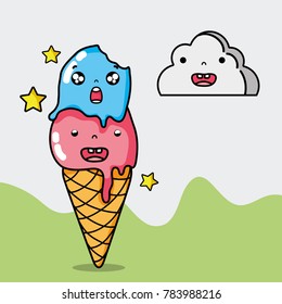 kawaii ice cream and cloud face expression