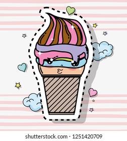kawaii ice cream with clouds and stars with hearts
