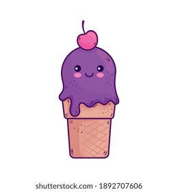 Kawaii ice cream cone cartoon design, sweet food and cute character theme Vector illustration