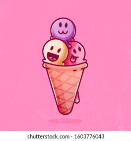 Kawaii ice cream cone character. Cute cartoons  isolated on pink background with dots and texture. Three funny ice cream balls. Flat vector style hand drawn line vintage art.