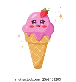 Kawaii ice cream cone character isolated on white background. Cute Sweet smiling summer delicacy. Hand drawing vector illustration.