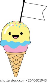 Kawaii Ice Cream Cone Character Holding Flag – Cute Vector Illustration