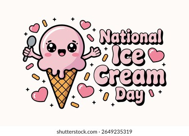 Kawaii ice cream cone character with hearts and smile for national ice cream day celebration cute style print