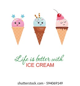 Kawaii ice cream cone characters. Cute cartoons isolated on white.