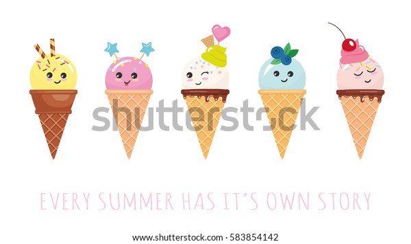 かわいいアイスクリームのコーンキャラクター 白い背景にかわいい漫画 のベクター画像素材 ロイヤリティフリー