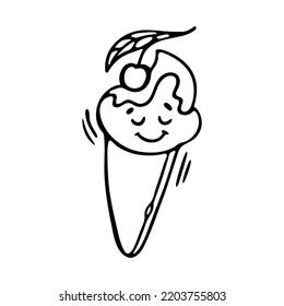 Kawaii Ice Cream Cone With Cherry Outline Doodle Cartoon Vector Illustration. Funny Character Face With Cheerful Emotion For Coloring Book