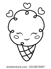 Kawaii ice cream cone in doodle style coloring page, cartoon vector outline