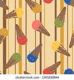 Kawaii ice cream in a cone, hand drawn illustracion, vector seamless pattern. Colorful drawing on trendy stripped  beige background. 