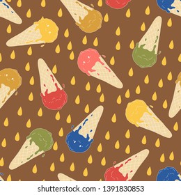 Kawaii ice cream in a cone, hand drawn illustracion, vector seamless pattern. Colorful drawing isolated on brown background. 