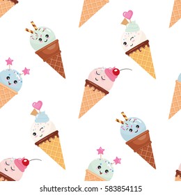 Kawaii ice cream cone seamless pattern background. Pastel colors. Isolated on white.