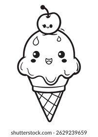 Cone de sorvete de Kawaii com rosto sorridente - Página de coloração de verão