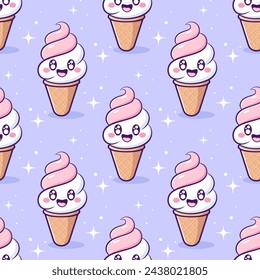 Kawaii ice cream cone vector seamless pattern. Pink and white cartoon ice cream with outline and smiling face on blue background.