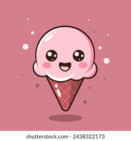 Kawaii ice cream cone vector flat illustration. Pink cartoon ice cream with outline and smiling face on red background.