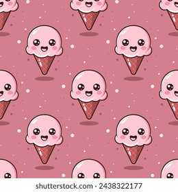 Kawaii ice cream cone vector seamless pattern. Pink cartoon ice cream with outline and smiling face on red background.