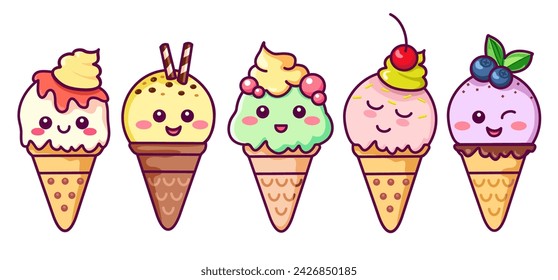 Kawaii Ice Cream cones characters. Muzzle with pink cheeks, winking eyes, pastel colors. Sweet kawaii smiling summer delicacy. Vector collection, children illustration. Cute cartoons isolated on white