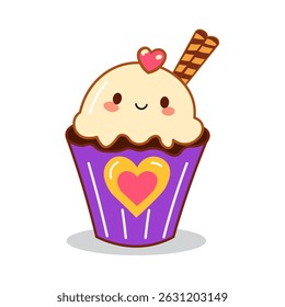 Kawaii ice cream cupcake character with heart and wafer, in a colorful cup on pink background.